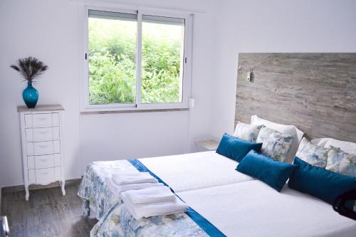 里斯本Belém River Apartment II的一间卧室配有一张带蓝色枕头的床和一扇窗户。