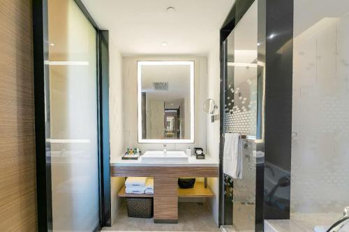 郑州郑州高新希尔顿欢朋酒店的一间带水槽和镜子的浴室
