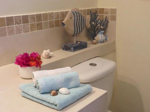 格兰高伯Villa Kreola的一间带卫生间的浴室和一个带毛巾的架子
