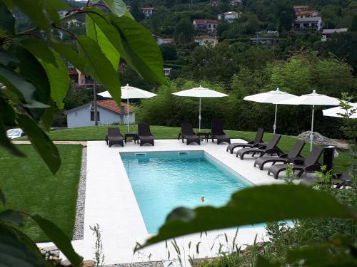奥帕提亚Guest House Stancija Kovacici的一个带躺椅和遮阳伞的游泳池