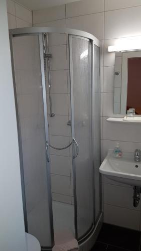 弗莱堡Hotel Gasthaus Rössle的带淋浴和盥洗盆的浴室