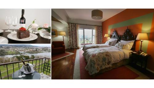 巴伦西亚德瓦伦萨宾馆的两张图片的酒店客房 - 带一张床和一个阳台