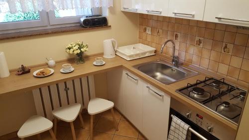科沃布热格Dom Gościnny Korab的厨房配有水槽、炉灶和台面