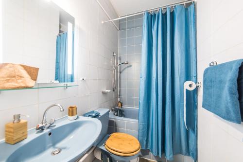 斯特拉斯堡Studio La Lanterne的浴室配有蓝色的浴帘和卫生间