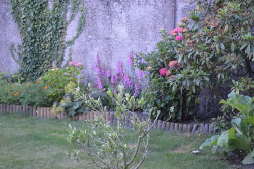 Le Nouvion-en-ThiéracheHotel Restaurant La Paix的一座花园,花园内种有粉红色的花卉和石墙
