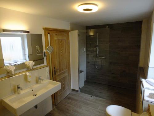 Lettgenbrunn苏德特霍夫雅格酒店的一间带水槽和淋浴的浴室