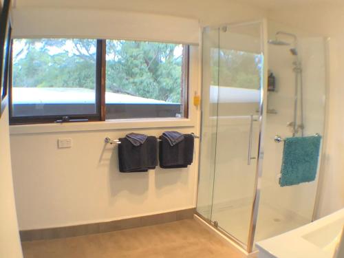 Acton ParkREBS住宿加早餐旅馆的一间带玻璃淋浴和窗户的浴室