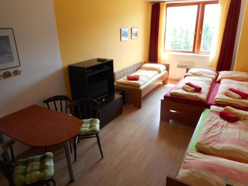 拉莫佐夫Apartment Ramzová Adam 25的客房设有三张床、一张桌子和一张桌子以及椅子。