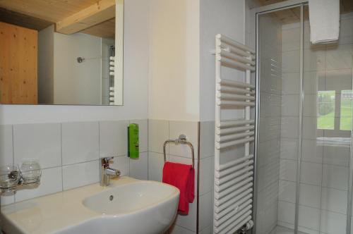 圣安特尼恩Berggasthaus Gemsli的白色的浴室设有水槽和淋浴。