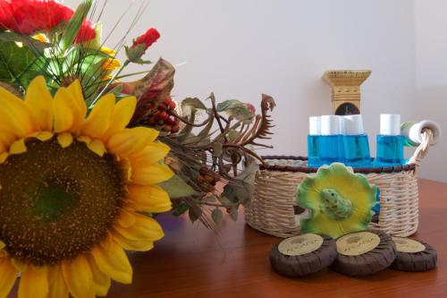 莫尔恰诺迪莱乌卡B&B NiloSira的一张桌子,上面放着向日葵和一篮鲜花