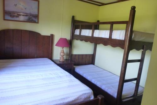Pertheville-NersRelais Du Saussay的一间卧室配有两张双层床和一盏灯。