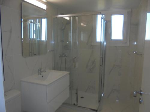 利马索尔Kermia Court - Beach-front, modern 2 bedroom -sleeps 6的带淋浴、盥洗盆和卫生间的浴室