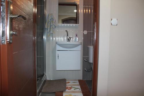 阿玛斯拉波兹特佩旅馆的一间带水槽和镜子的小浴室