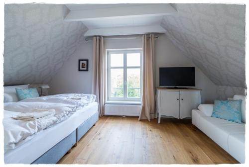 朗克维茨Ferienhaus Malve in Liepe的一间卧室配有一张床、一张沙发和一台电视