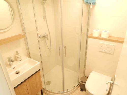 科佩尔Casa Riccobon 5的带淋浴、卫生间和盥洗盆的浴室
