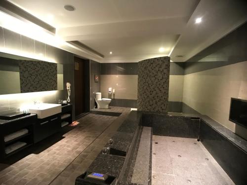 平镇莫尼旅店的一间带水槽和卫生间的大浴室