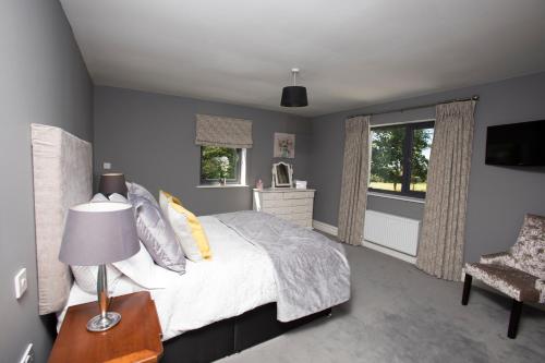 Milltown方寸美景乡村民宿的一间卧室配有一张带灯和椅子的床