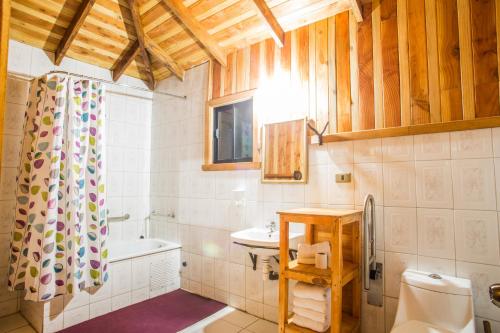 潘吉普伊Apart hotel Puchaley Lafquen的浴室配有卫生间、盥洗盆和浴缸。