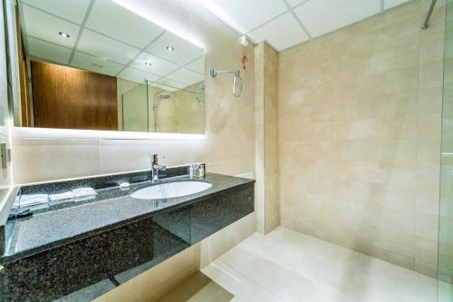 奥赫里德Unique - Resort and SPA的一间带水槽和镜子的浴室