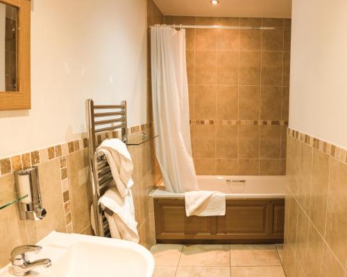 罗奇代尔Fernhill Bed and Breakfast的浴室配有水槽、淋浴和浴缸。