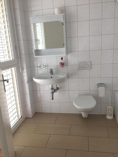 洛迦诺Attico Bellavista的白色的浴室设有水槽和卫生间。