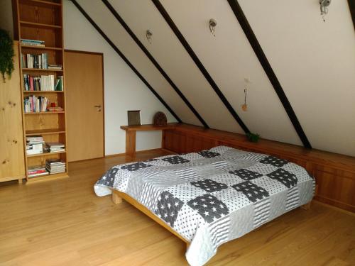 肯彭Katharina的一间卧室设有一张床和一个书架