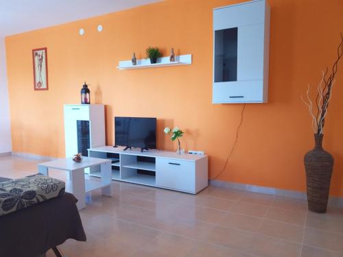 波弗加纳Apartmani "Bodulo"的客厅设有带电视的橙色墙壁