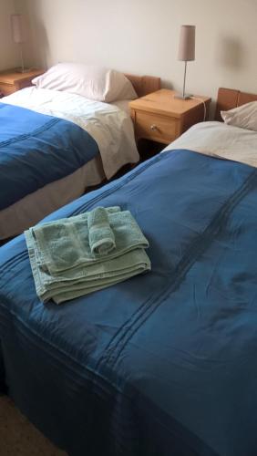 菲尔丁Minffordd Cottage的蓝色床边的两条毛巾