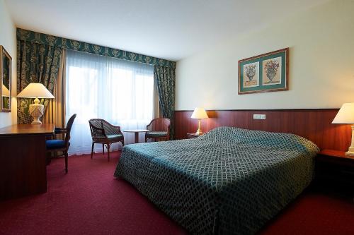 韦斯特博克鲁伊格韦恩酒店-餐厅的配有一张床、一张书桌和一扇窗户的酒店客房
