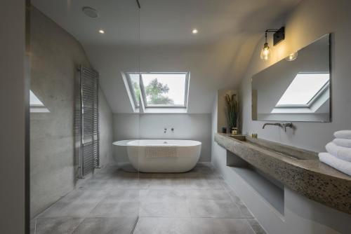 PettigoeThe Elements Lodge的带浴缸、水槽和天窗的浴室。