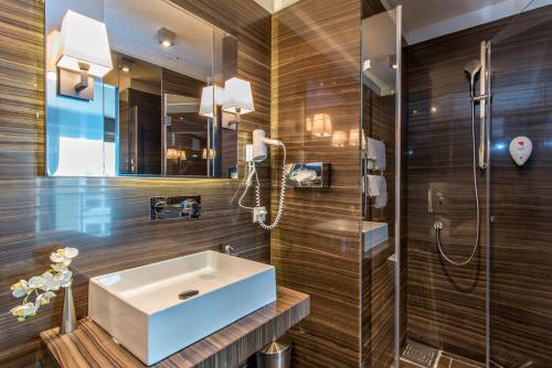 圣莫里茨皮兹圣莫里茨酒店的一间带水槽和镜子的浴室