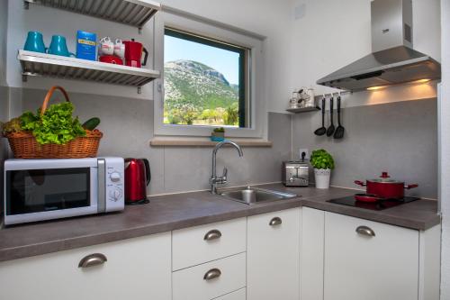 波尔Apartments Sarbunal的厨房配有微波炉、水槽和窗户。