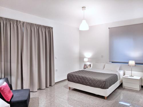 雅典Brand new budget apartment next to Iaso and Oaka的配有一张床和一把椅子的酒店客房