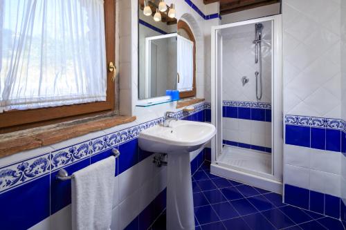 卡莱扎诺索马亚农家乐的蓝色和白色的浴室设有水槽和淋浴