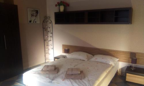 PieszyceGóry Sowie Apartament z osobnym wejściem的一间卧室配有一张床,上面有两条毛巾