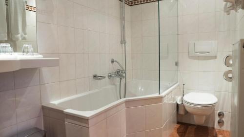 马斯特里赫特波提瑟利酒店的带浴缸、卫生间和盥洗盆的浴室