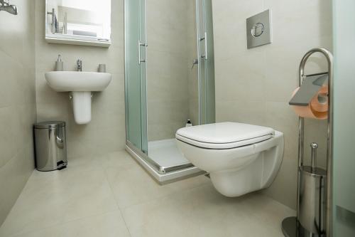 贝尔格莱德Studio Anja的浴室配有卫生间、淋浴和盥洗盆。