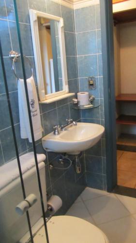 里奥阿西马Pousada do Canto的一间带水槽、卫生间和镜子的浴室