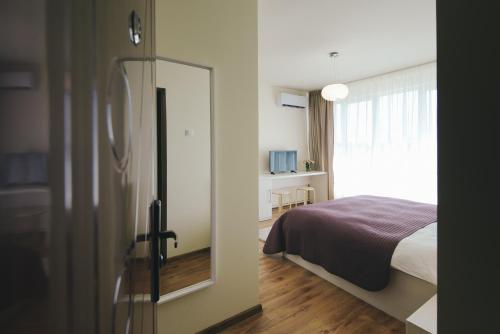 巴亚马雷Camelia's cozy place的一间卧室配有一张床和一个带镜子的门