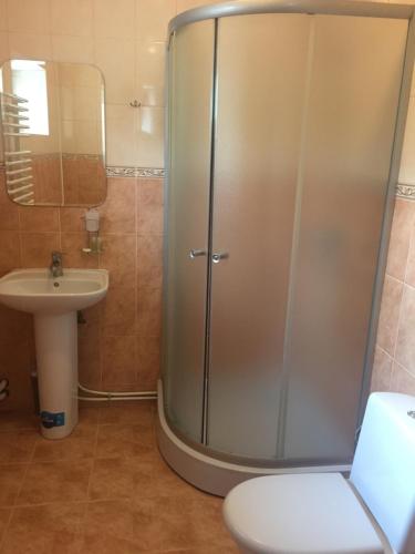 赫梅利尼克Hotel Europe的浴室设有淋浴、卫生间和水槽。