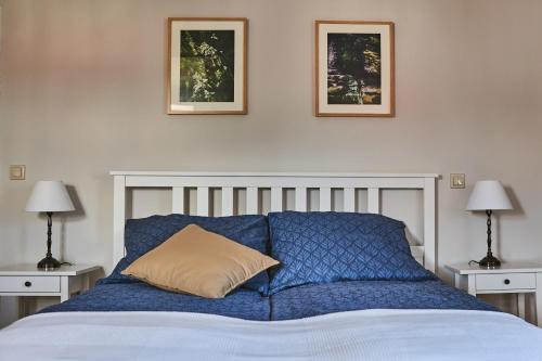 波兰尼卡-兹德鲁伊Karolina的一张带蓝色枕头的床和两张墙上的照片