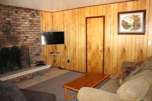 派托普湖畔Northwoods Resort Cabins的带沙发和壁炉的客厅