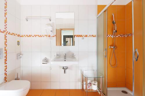 普雷迪尼维托Hotel Albatros的带淋浴、盥洗盆和卫生间的浴室