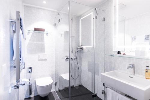 沙夫豪森Sorell Hotel Rüden的带淋浴、卫生间和盥洗盆的浴室