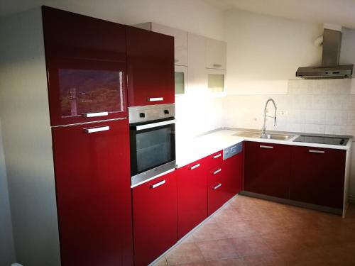 Gabrovica pri Črnem KaluApartma Čeh的红色的厨房,配有红色橱柜和水槽
