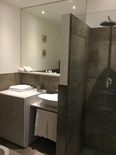 加比切马莱Appartamenti Barzilai的浴室配有盥洗盆和带镜子的淋浴