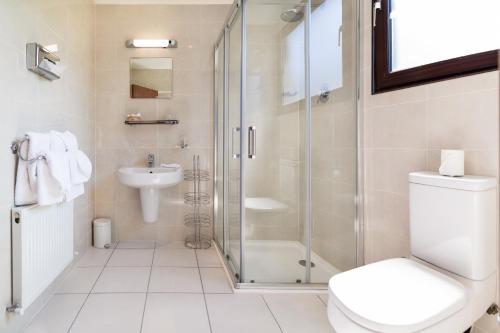 基拉尼凯思林乡间别墅酒店的带淋浴、卫生间和盥洗盆的浴室