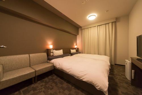 东京多美迎PREMIUM涩谷神宫前酒店的一间卧室配有一张床、一张沙发和一台电视