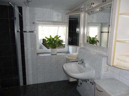 KlietzZiegelei-Lübars的白色的浴室设有水槽和淋浴。