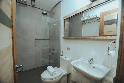 杜马格特砖头酒店的带淋浴、卫生间和盥洗盆的浴室